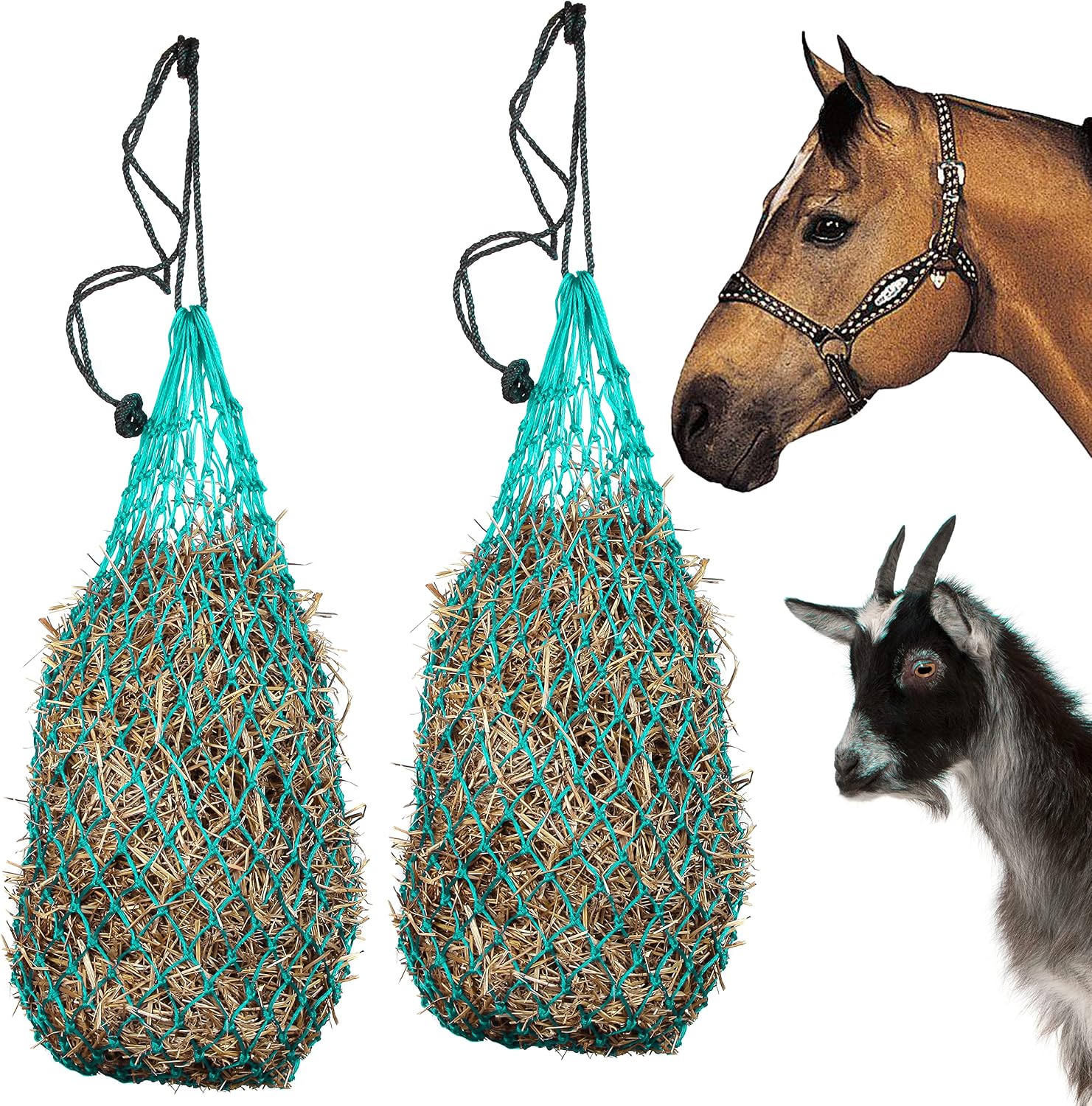 Majestic Ally 2 pcs Ultra Slow Feed 1.5″x1.5″ Holes 40” Hay Net for Horses and livestocks (Turquoise)