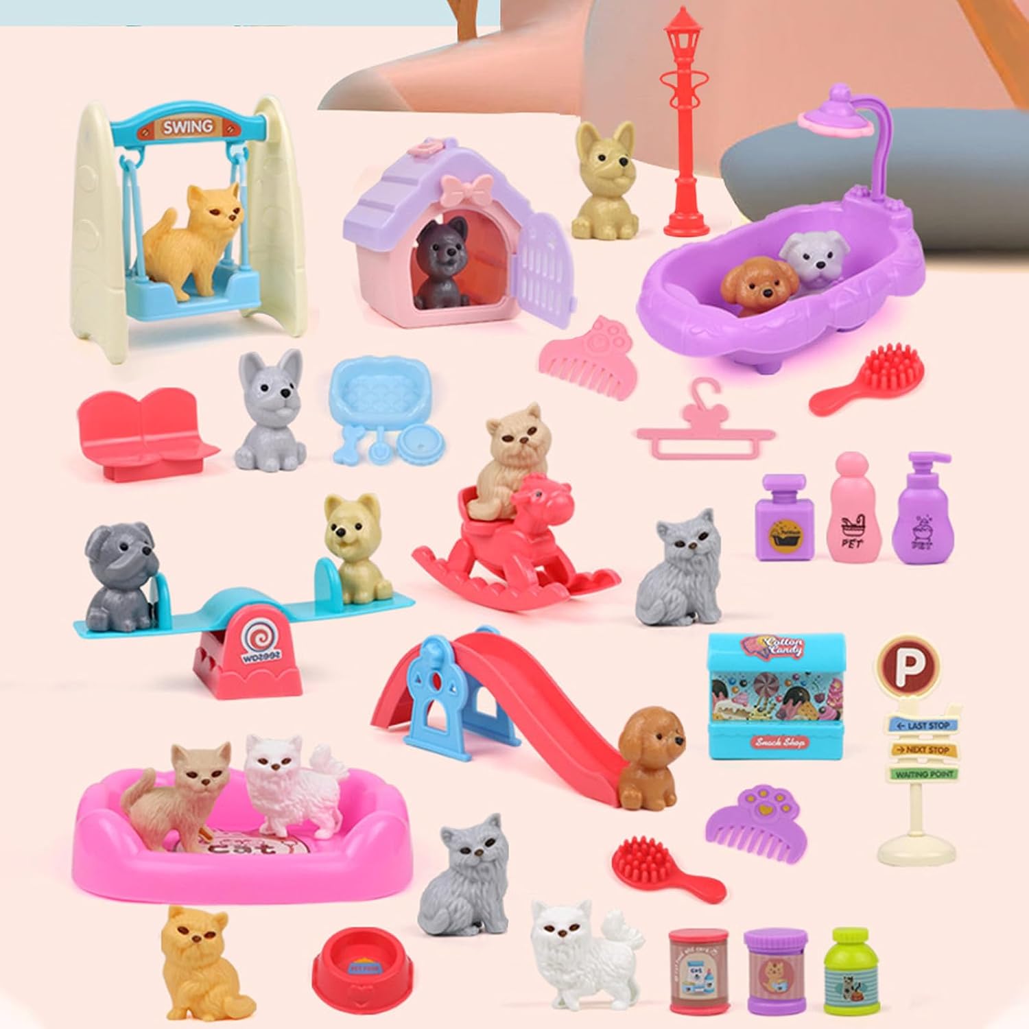 45Pcs Pet Pretend Play Toy Dollhouse Playset Accessories,Cat Puppy Dog Hamster Realistic Animals Tiny Mini Figures Furniture,Vet Care Center Preschool Educational Gift Boys Girls