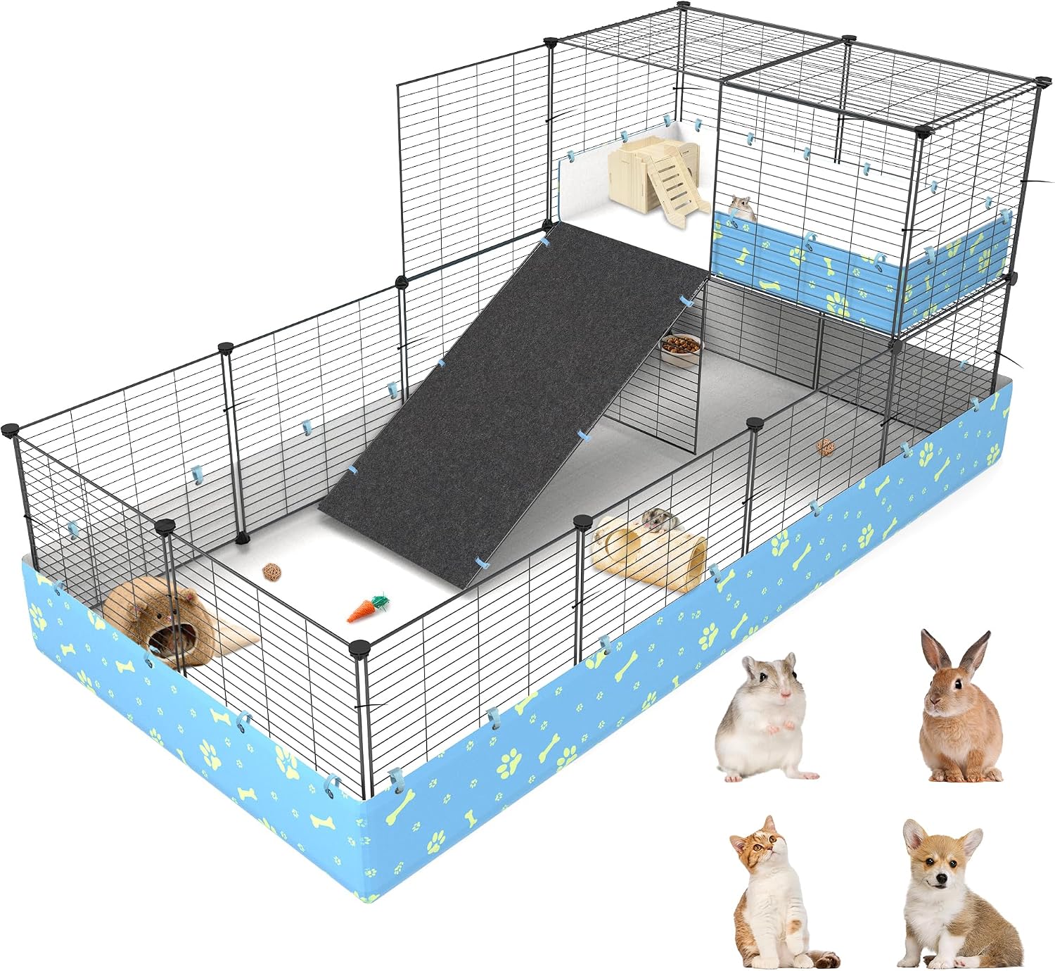 2-Story Guinea Pig Cages with Tarp, Large C&C Loft Cage for Rabbit Bunny Puppy Small Animal Indoor Dog Playpen Pet Exercise Enclosure, 25 Panels